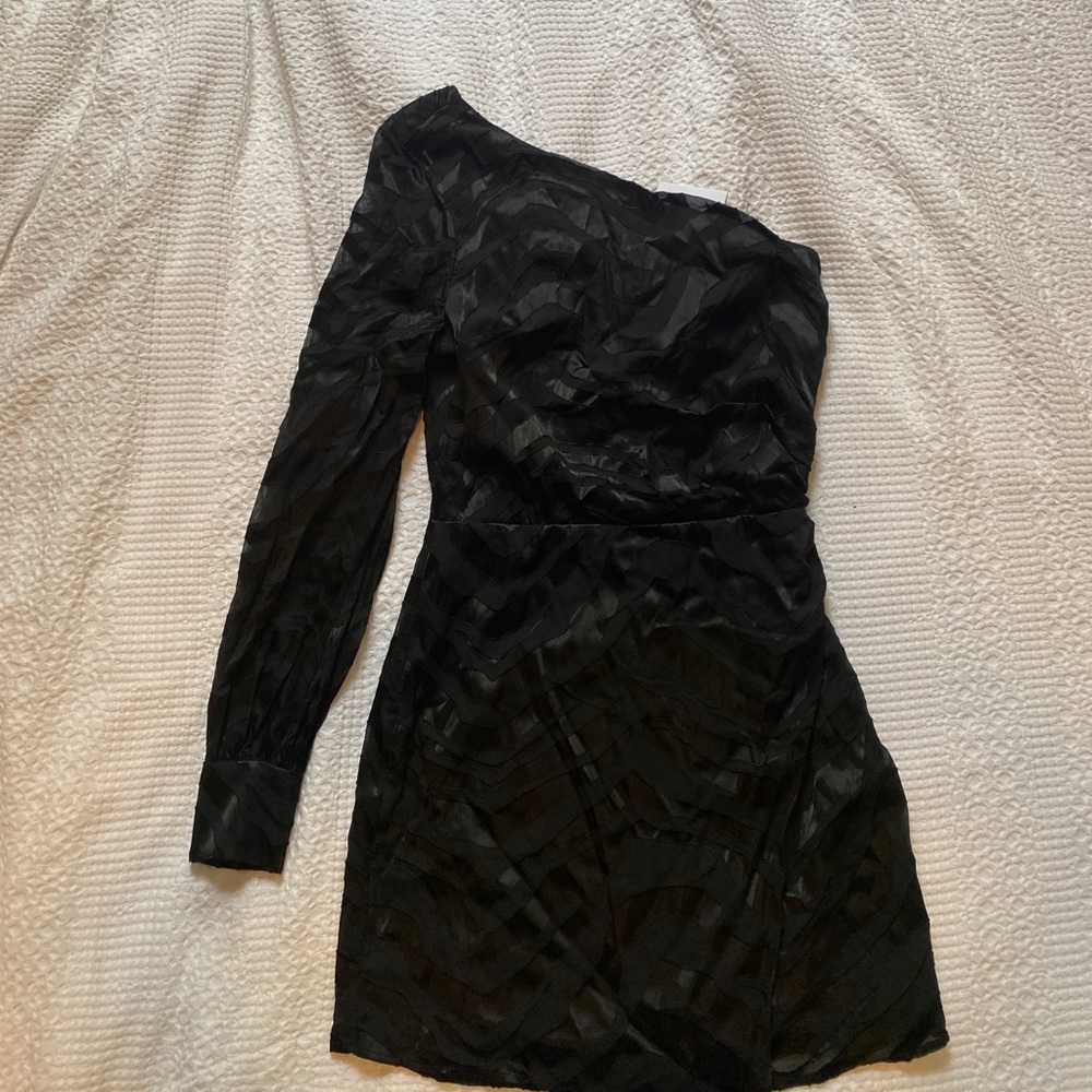One sleeve sleek black animal print dress